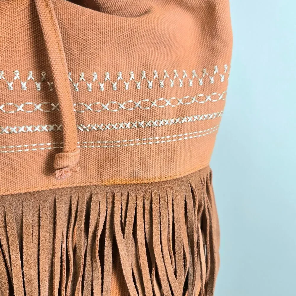 Embroidered Suede Fringe Canvas Bucket Backpack Salmon
